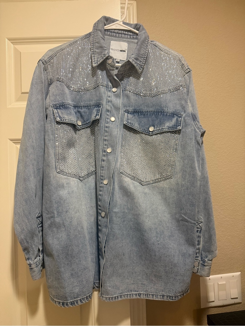 Fashion Nova Light Blue Denim Button-Down Shirt with Rhinestone Accents